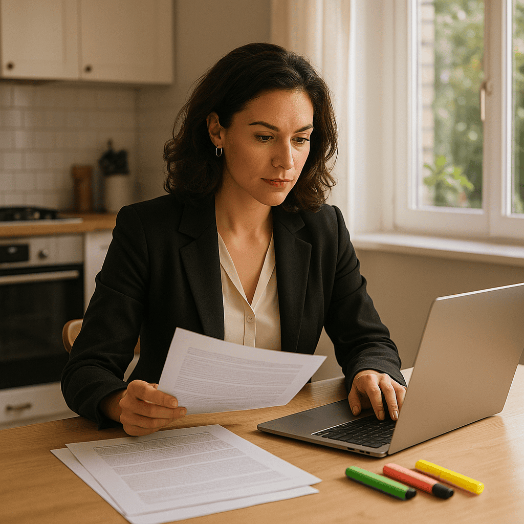 20250430 1140 Focused Woman Reviewing Documents simple compose 01jt3s26q8e64bjjhwkypsbr4z
