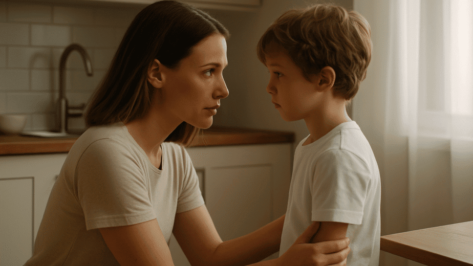 A mother kneels to gently speak to her young son in a softly lit kitchen, their faces close in an intimate and calm conversation.