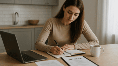 A woman sits at a kitchen island with a laptop, legal pad, and coffee, writing in a journal while organizing divorce-related paperwork.