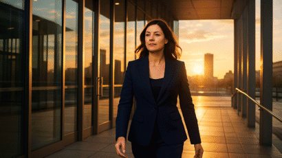 Confident woman exits a glass courthouse at sunrise, symbolizing empowered fresh start after breakup.