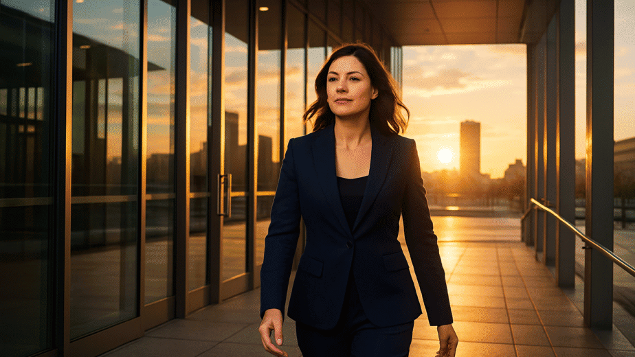 Confident woman exits a glass courthouse at sunrise, symbolizing empowered fresh start after breakup.