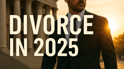 Confident man in navy suit leaving courthouse at sunrise with bold “Divorce in 2025” text overlay.