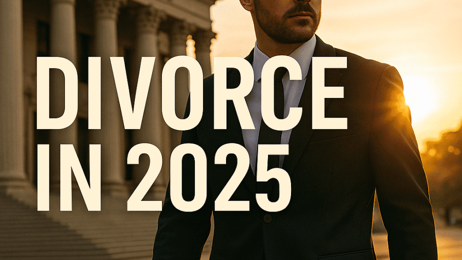 Confident man in navy suit leaving courthouse at sunrise with bold “Divorce in 2025” text overlay.