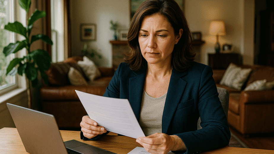 A photograph of a confident, light-skinned woman seated at a modern desk reviewing divorce documents with focused determination and calm composure.