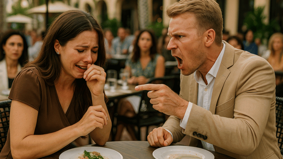 A man and woman in their 30s argue at an outdoor Palm Beach restaurant, with the woman crying and grabbing her wedding ring as nearby diners watch