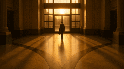 Sunlit courthouse atrium with a lone figure and bold text “Divorce in 2025”