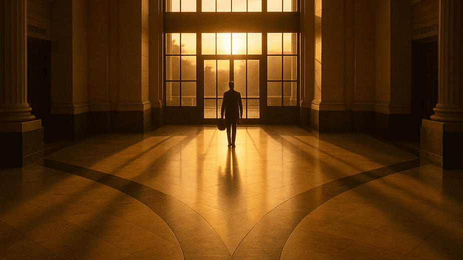 Sunlit courthouse atrium with a lone figure and bold text “Divorce in 2025”