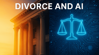 Split image of courthouse columns and glowing digital circuitry with neon justice scales, captioned “Divorce and AI”.