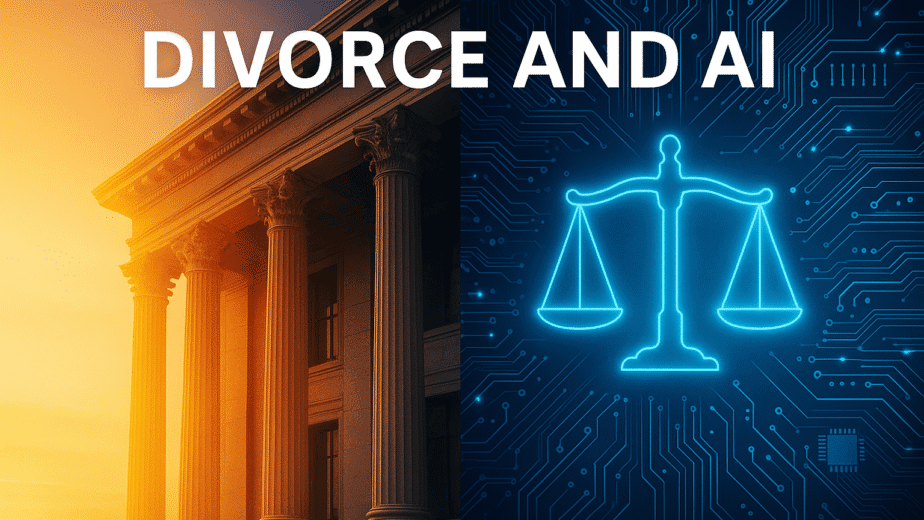 Split image of courthouse columns and glowing digital circuitry with neon justice scales, captioned “Divorce and AI”.
