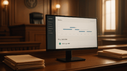 Judge’s bench with dashboard showing case timeline and filing validation status