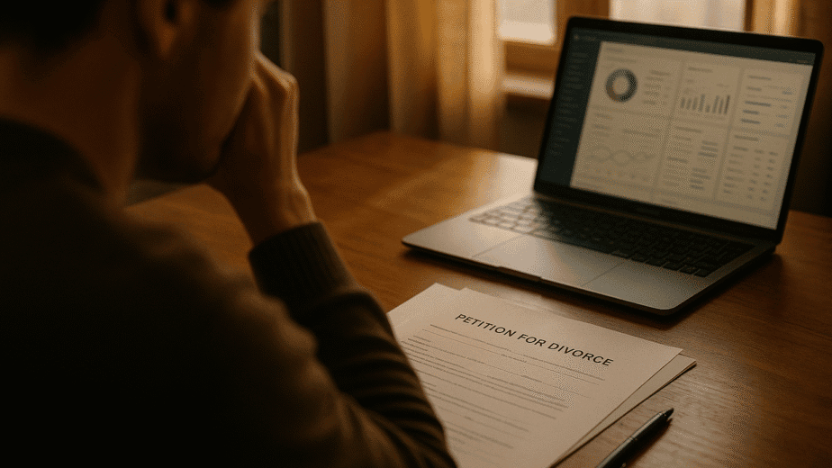 Person reviewing divorce documents with organized dashboard on laptop, cinematic warm lighting