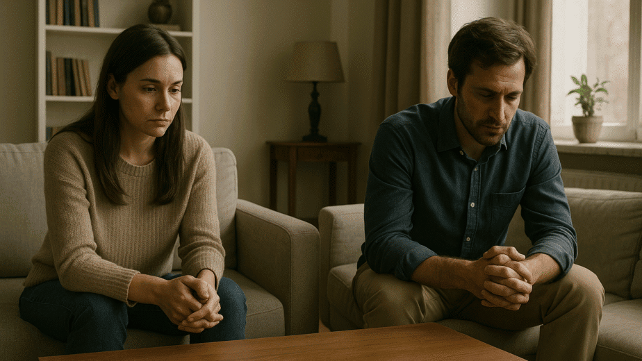 Man and woman sitting in a quiet living room, preparing for a difficult divorce conversation.