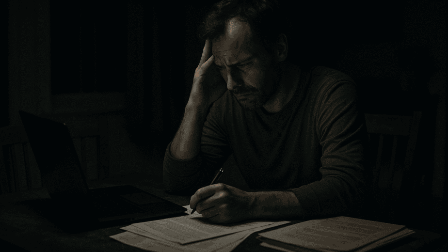 A realistic, cinematic photograph of a separated parent sitting at a dining table at night, surrounded by paperwork and a laptop, with faint light casting shadows, capturing the tension of documenting post separation abuse without showing the abuser.