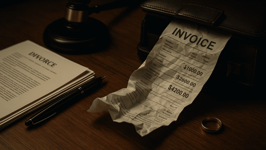 Cinematic image showing the cost of a divorce lawyer with legal documents, gavel, invoice, and wedding ring on a lawyer’s desk