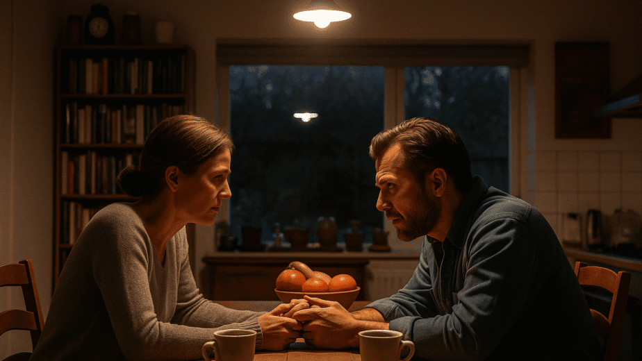 Couple discussing trial separation vs divorce at a kitchen table