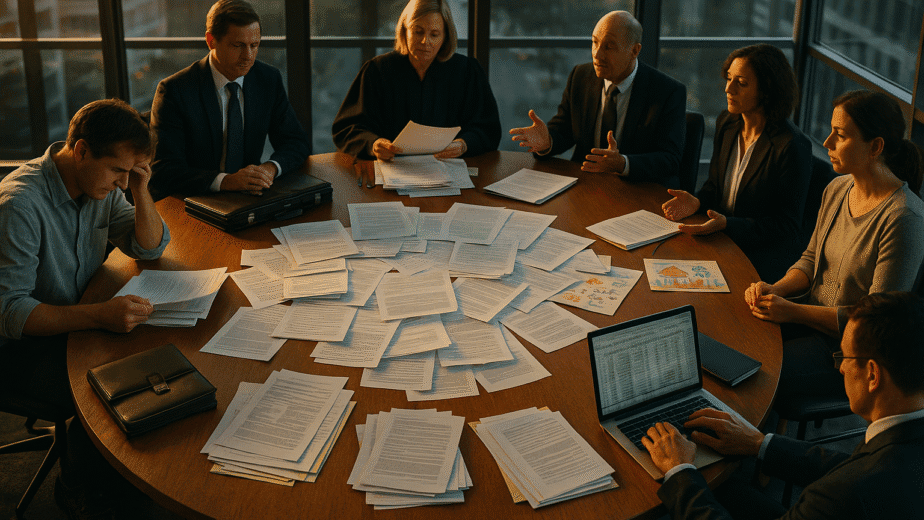 family law ecosystem challenge showing overwhelmed divorce litigant surrounded by financial documents bank statements and court paperwork representing administrative burden